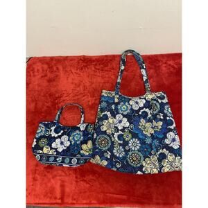 VERA BRADLEY (2) TROPICAL PARADISE TOTE BAG W/ MATCHING HANDBAG Blue Floral Set